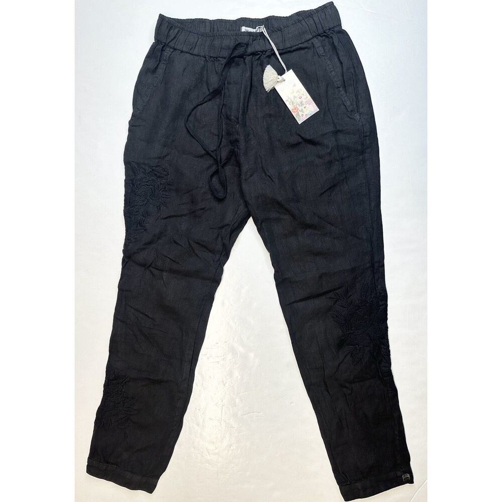 Johnny Was Linen Pants Sadie Jogger Womens XS Black Floral Embroidery NEW